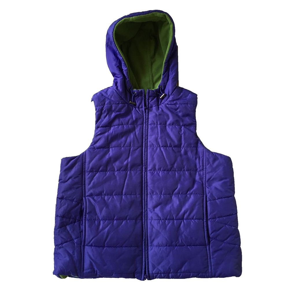 Hooded Puffer Vest M 8 10 Quilted Reversible Fleece Sleeveless Jacket Purple